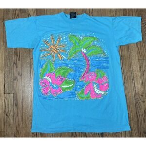 Vintage Florida Beach Single Stitch Floral Flower Palm Tree T Shirt Men's Sz 2XL
